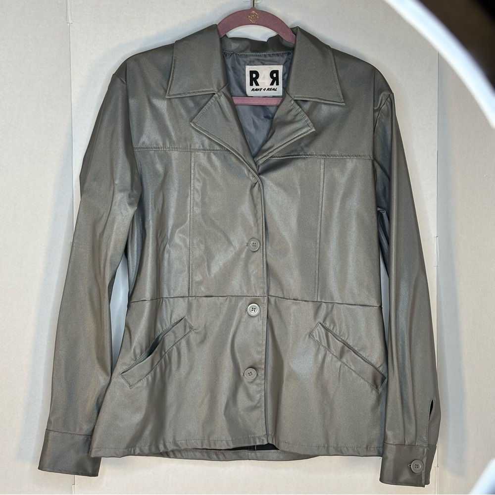 RAVE4REAL- Women's Gray Faux Leather Button-Front Jacket Size Medium